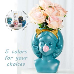 Vases Grand Creative Nordique Résine Vase Jolie Fille Bubble Gum Décoration Maison Salon Table À Manger Art Décoratif Portrait Or Vase 230628