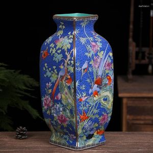 Vazen groot formaat 34 cm emailgekleurde vierkante bloem en vogel vaas Jingdezhen keramische antieke Chinese porseleinen decoratie ornam