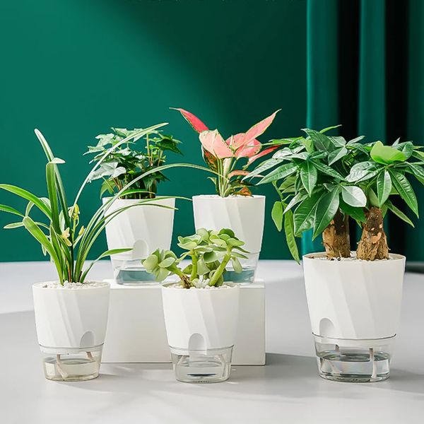 Vases Paresseux hydroponique pot de fleur automatique absorbant l'eau pot de fleurs transparent double couche en plastique auto-arrosage planteur bureau 231130
