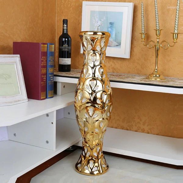 Vases Living Ceramics Grands sols Vase de sol Ornements décoratifs de luxe haut de gamme Personnalité créative dorée 60 cm de haut