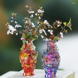 Vases Luxe Antique Chinois Coloré Glaze Nuage Dragon Danse Pheonix Vase Figure Modèle Porte-Fleur À La Main Collection De Bureau