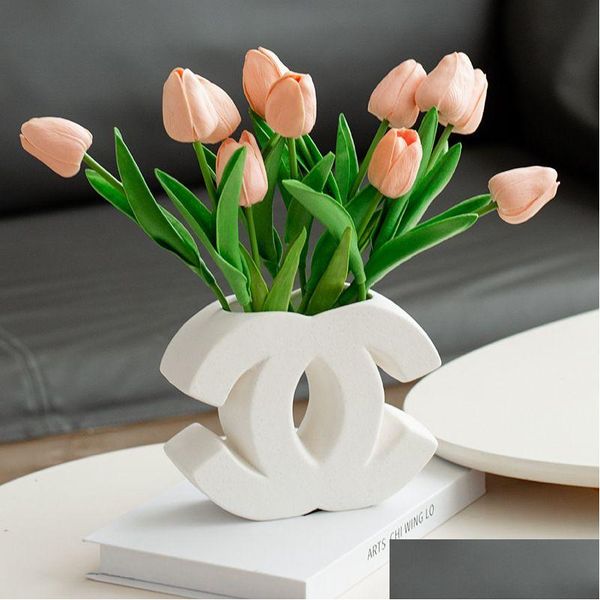Vases Vase en céramique de luxe design classique Logo forme blanc Ins Style haut de gamme crème florale nordique table à manger décoration maison entrée Otsi8