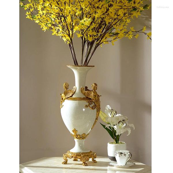 Vases Luxury White Home Decoration Tabletop Ceramicporcelain Copper Brass with Angel Statue Jar Flower Vase for Decor