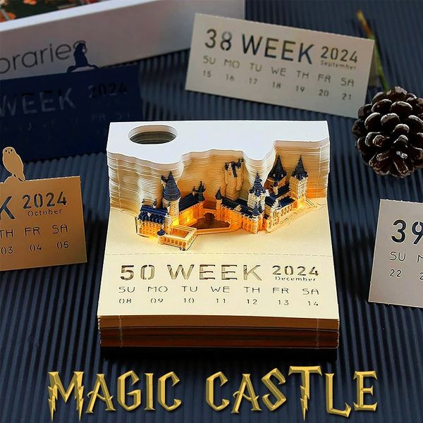 Jarrones Magic Castle Bloc de notas 3D Calendario 2024 Bloc de notas Bloque de notas Papel de nota con luz y portalápices Decoración DIY Regalo novedoso 231116