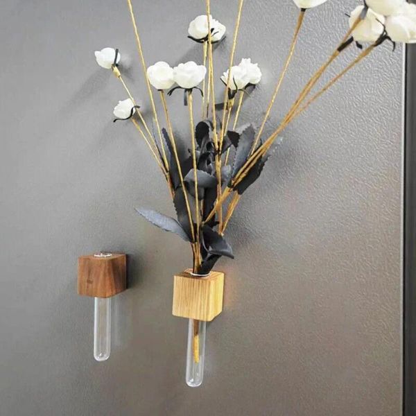 Jarrones de tubo de prueba magnético, jarrón de madera, pegatina para refrigerador, simulación de flores, arreglo artesanal, decoración del hogar y la cocina