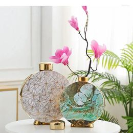 Vases en marbre Modèle en céramique Vase Jar de stockage classique avec couverture Fleur Pot de bureau Décoration de bureau or