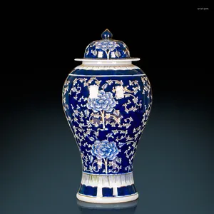 Vazen Meester Handgeschilderde goud en blauw porseleinen tempelpot Jingdezhen keramische vaasdecoratie Chinese woonkamer