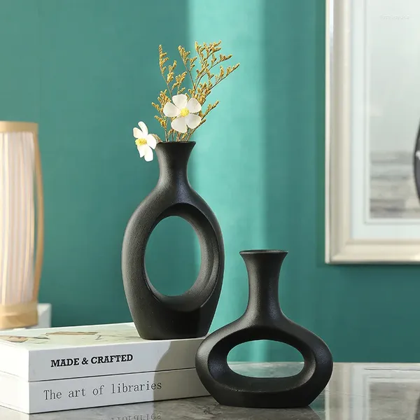 Vases matte noir minimalisme en céramique vase moderne nordique géométrique fine bouche décorative créative art de fleur créative