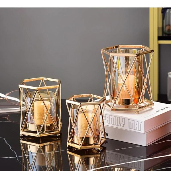 Vases métal vase doré vase hexagonal en verre hydroponique fleurs en verre vase décoratif / bougeoir ornements à double usage