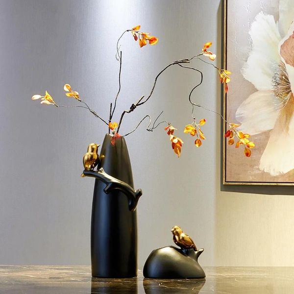 Vases minimalisme Golden Bird Black Hydroponic Vase Home Decorative Ceramic Flower Arrangement Container Nordic Bottle Gift