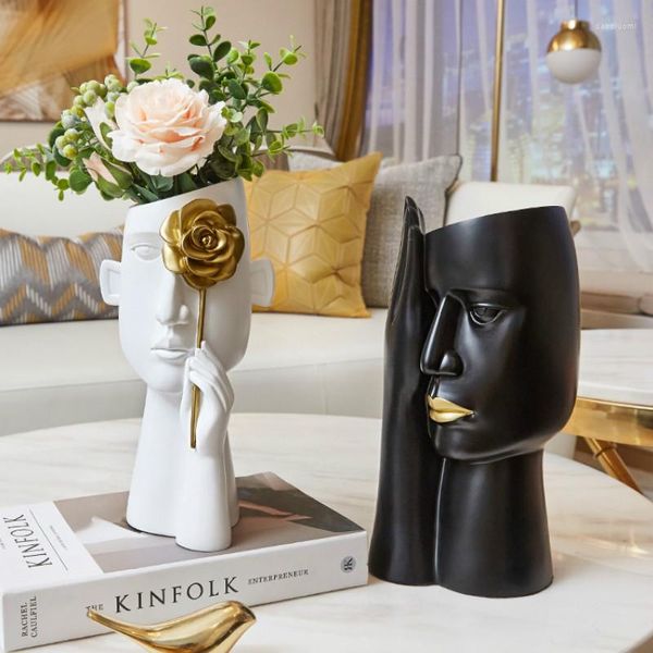 Vases Minimaliste Portrait Résine Sculpture Noir Tête Humaine Vase Pot De Fleur Bureau Décor Arrangement Décoration De La Maison