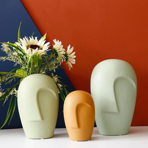 Jarrones Florero de cerámica con cara abstracta moderna, flor seca creativa de doble oreja, decoración hidropónica para sala de estar y comedor