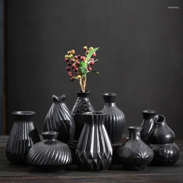 Vases moderne noire en céramique Vase mini petite cérémonie de thé ornements japonais zen rétro arrangement flor
