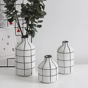 Vases Vase à motif de damier moderne décoratif en céramique hydroponique fleur réceptacle blanc jardinière avec ligne noire décor de style simple