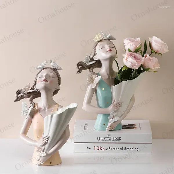 Vases MODER CREARE VASE BATTERFLY Girl Sculpture Indoor Home Resin Decoration Ornements Office