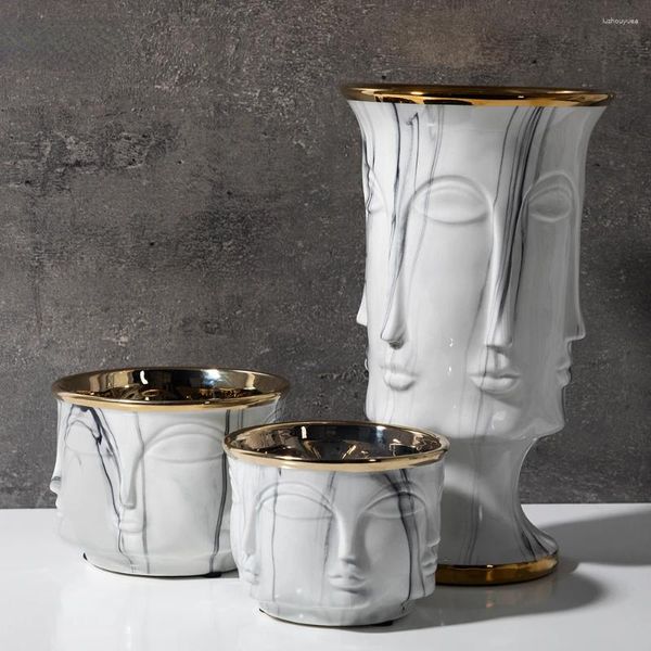 Vases Modern Human Head Face Smooth Glaze Gold plaqué Pot en porcelaine Pot à la maison Décor avec vase à fleurs en céramique