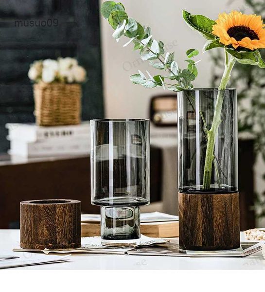 Vases Moderne Simple et créatif verre fleurs cultivées à l'eau Base en bois Vase décoration salon Table à manger arrangement de fleurs L24