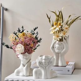 Vases Moderne Simple Céramique Visage Humain Fleur Vase Tête Plante Pot Nordique Art Créatif Maison Salon Décor 231116