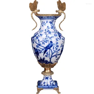 Jarrones La mayoría de los diseños de lujo Antiguo Bronce Cerámica Decoración del hogar Latón y porcelana blanca azul