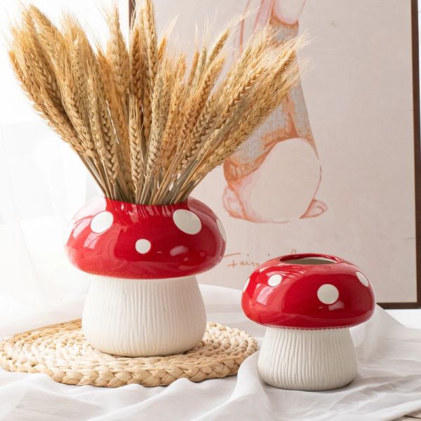 Vases Champignon Vase en Céramique Rouge Champignon Décoration Artisanat Bougeoir Table Top Arrangement De Fleurs Maison Noix Bijoux Boîte De Rangement