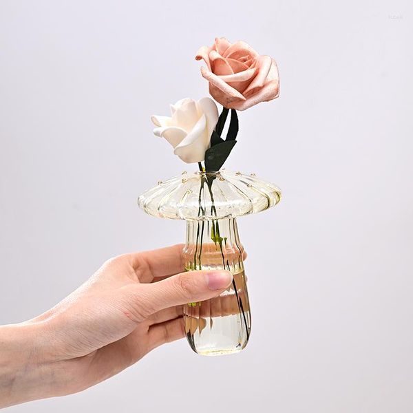 Jarrones con forma de seta, florero de cristal transparente, botella hidropónica, decoración de escritorio, adorno para el hogar