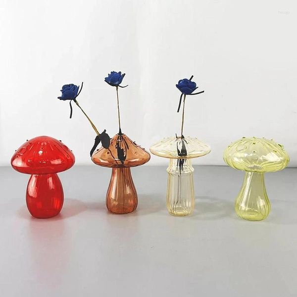 Jarrones con forma de seta, florero de cristal transparente, botella hidropónica, decoración de escritorio, suministros de adorno