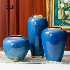 Vases Nordic Blue Gold Stroke Céramique Vase Modern American Style Art Ikebana Sécortie de fleur séchée Lumière de luxe Décoration