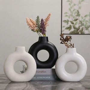 Vases nordiques circulaires creux en céramique, pot de fleurs, décoration de maison, accessoires de décoration de chambre, intérieur de bureau