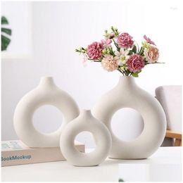 Vasi Nordic Donut Whtie Vaso di fiori in ceramica giallo Circar Hollow Donuts Pot Decorazione della casa Accessori Vasi Drop Delivery Garden Dh5Xu