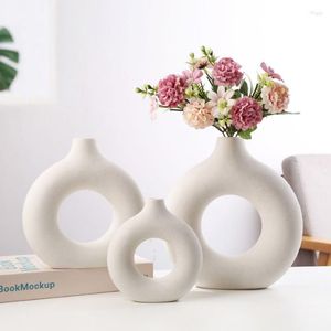 Vases nordique beignet blanc jaune en céramique fleur Vase circulaire creux beignets Pot décoration de la maison accessoiresVases245e