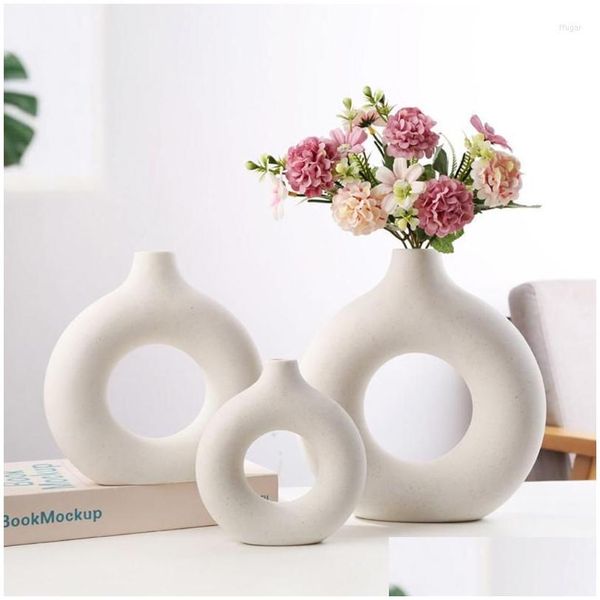 Vases Nordique Donut Blanc Jaune Céramique Fleur Vase Circar Creux Donuts Pot Décoration De La Maison AccessoiresVases Drop Livraison Jardin Dh5Xu