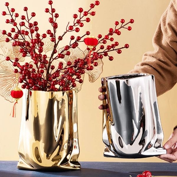 Vases Nordique doré vase en céramique galvanoplastie or tissu sac en céramique vase salon meuble TV meubles décoration ornements vase 230906