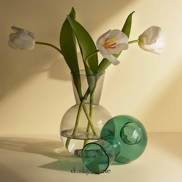 Vases Nordic Green Open Glass Vase Living Room Office Bureau Creative Flower Ware Jarrones Decorativos Moderno Aesthetic Home Decor