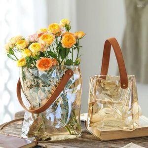 Vases Nordic Home Decor Handle Blown Grey Amber Colored Glass Purse Vase Sac en forme de bracelet en cuir Creative Style Hangage