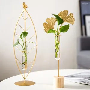 Vazen Nordic Hydroponic Plant Holder Bloemvaas Gouden Glass Iron Testbuis Tabletop Home Decoratie Modern