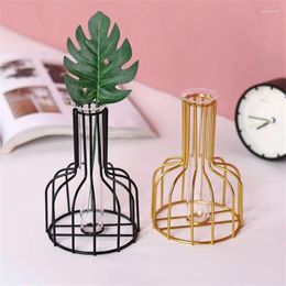 Vazen Nordic Ijzeren Glazen Bloemenvaas Hydrocultuur Plant Hallow Out Reageerbuis Metalen Houder Modern Voor Home Decor