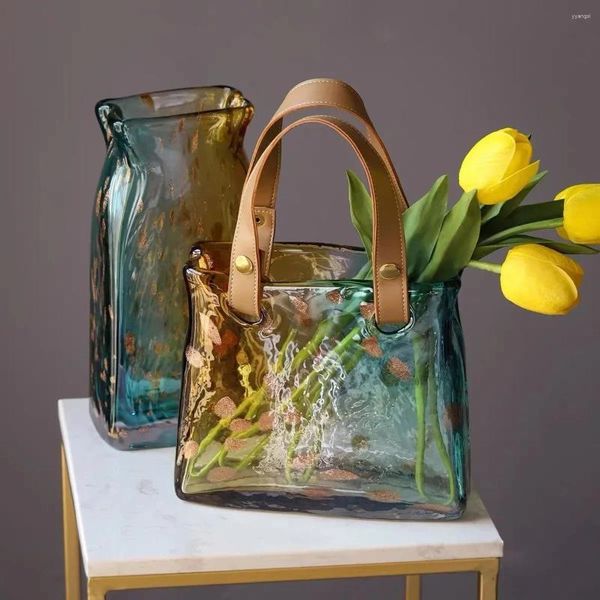 Vases Nordic Luxury Glass Hand Sac Vase Creative Shopping Panier de magasinage Fleur Arrangement séché à la maison Ornements