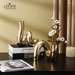 Vases Nordic Luxury Gold Decorative Arc Shape Shape Candlestick Decoration Plating Plating Ceramic Flower Vase for Home Decor