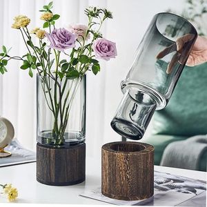 Vases Vase minimaliste nordique couleur originale verre hydroponique fleurs base en bois salon table à manger ornements