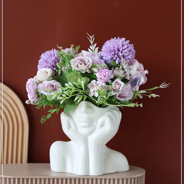 Vases Style nordique fleur Vase femmes corps demi visage Pot de fleur Vase en céramique Art artisanat chambre salon bureau décoration résine 231117