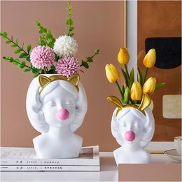 Vases Style nordique Vase en résine blanche jolie fille soufflant des bulles tête décorative sculpture moderne décoration de la maison porte-stylo livraison directe Dhjds