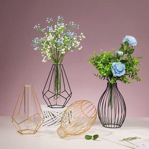 Vazen Noordse stijlen Hydroponische bloem vaas Geometrische lijn frame IJzeren Vaas Glas Glas Test Tube Metaalhouder Huisdecoratie Craft Gift P230411