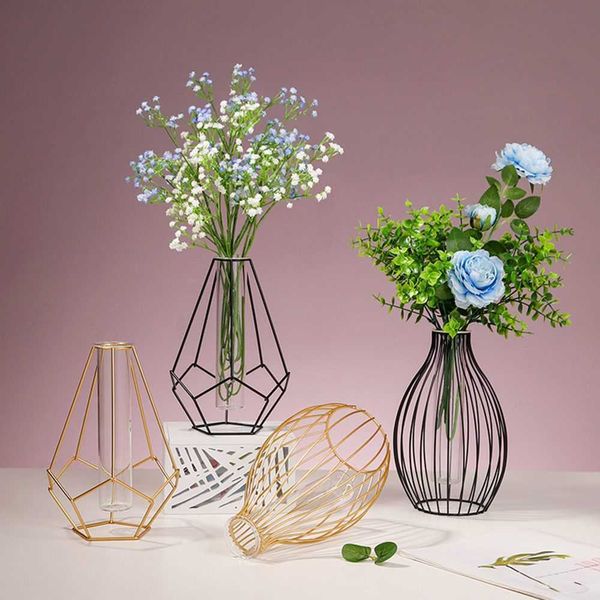 Vases Styles Nordiques Hydroponique Fleur Vase Géométrique Ligne Cadre Fer Art Vase Verre Tube À Essai En Métal Titulaire Décoration De La Maison Artisanat Cadeau P230411