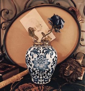 Vases Ornement décoratif de vase plaqué or en porcelaine bleue et blanche nostalgique