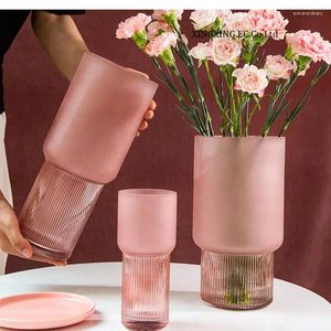 Vazen roze matte textuur glas vaas moderne minimalistische creatieve cilindrische hydrocultuurbloemarrangement accessoires thuis decoratie