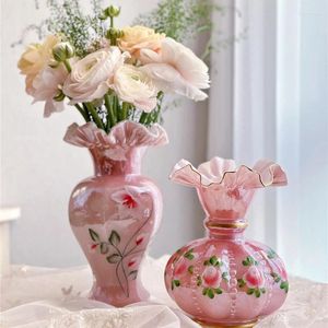 Vases en verre rose vase peint à la main fait à la main élégant conteneur de fleurs vintage décorations de maison ornements de salon cadeau de mariage