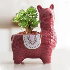 Jarrones Cerámica de plantas Cerámica linda con agujero de drenaje Decoración del jardín Regalos ambientalmente Cartoon Alpaca Alpaca Pot de flores de cerámica