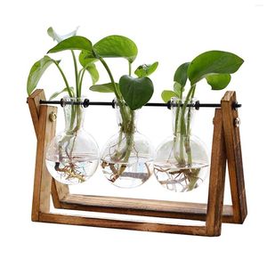 Vases Terrarium de plantes avec 3 ampoules, support en bois, support pivotant en métal, table rétro pour plantes d'intérieur, cadeaux d'amoureux