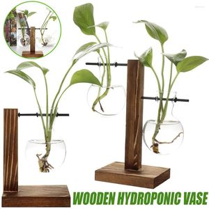 Terrarium végétal des vases avec stand en bois Plancherie Bulbe Verre Hydroponic Vase Station de propagation pour le décor de bureau de table