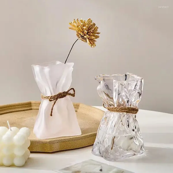 Vases Vase en verre de papier plissé lumière luxe coloré salon table à manger créatif hydroponique fleurs séchées rose ornements de fleurs